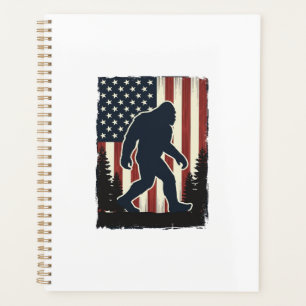 Vintage Bigfoot American Flag Forest Vector Design Planner