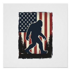 Vintage Bigfoot American Flag Forest Vector Design Poster