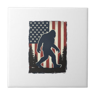 Vintage Bigfoot American Flag Forest Vector Design Tile