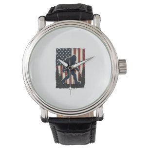 Vintage Bigfoot American Flag Forest Vector Design Watch