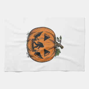 Vintage Bigfoot Pumpkin Halloween Vector Design_1 Tea Towel