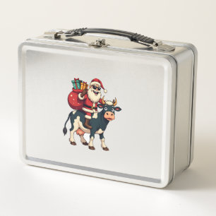 Vintage Bigfoot Santa Riding Cow Christmas Funny F Metal Lunch Box