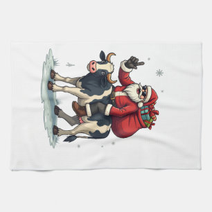 Vintage Bigfoot Santa Riding Cow Christmas Funny F Tea Towel