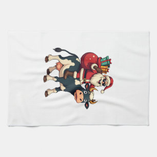 Vintage Bigfoot Santa Riding Cow Christmas Funny F Tea Towel