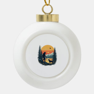Vintage Bigfoot Walking Dog Mountain Sunset Retro  Ceramic Ball Christmas Ornament