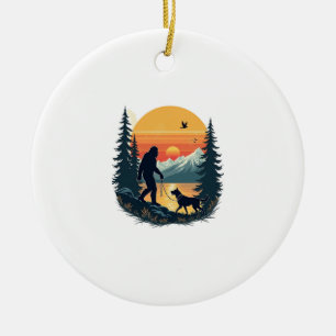 Vintage Bigfoot Walking Dog Mountain Sunset Retro  Ceramic Tree Decoration