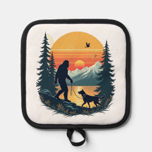 Vintage Bigfoot Walking Dog Mountain Sunset Retro  Pot Holder