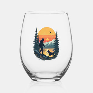 Vintage Bigfoot Walking Dog Mountain Sunset Retro  Stemless Wine Glass