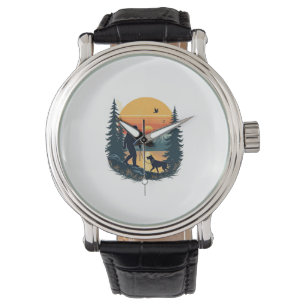 Vintage Bigfoot Walking Dog Mountain Sunset Retro  Watch
