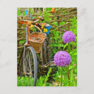 vintage bike in the garden postcard