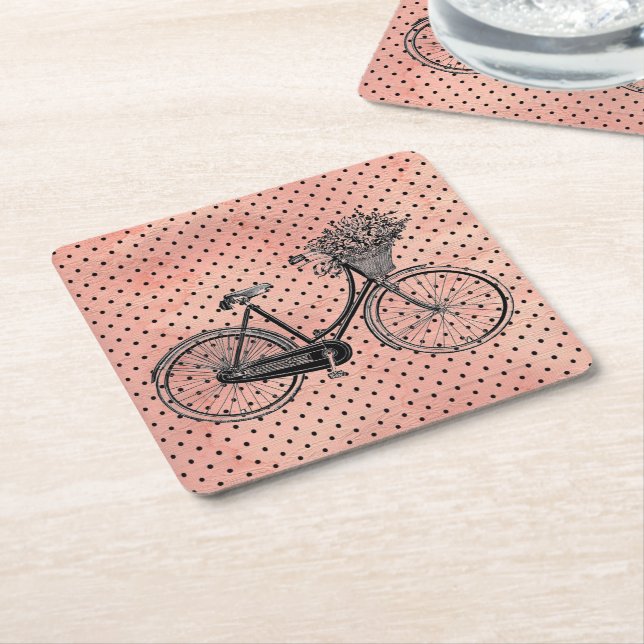 Vintage Bike Pink Polka Dots Square Paper Coaster (Angled)