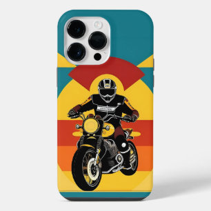 🌄 Vintage Biker Riding Into Glowing Sunset iPhone 14 Pro Max Case