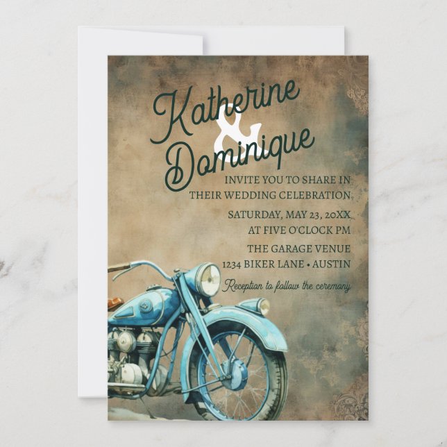 Vintage Biker Wedding Motorcycle Blue Invitation (Front)