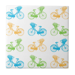Vintage bikes with basket of flowers colourful wal tile