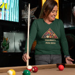 Vintage Billiard Balls Custom Pool Table Themed T-Shirt<br><div class="desc">This long sleeve graphic tee is ready to be personalised with your own custom text. Your text appears in ivory coloured lettering beneath my realistic style illustration of a racked up set of vintage billiard balls. Add your own slogan to create a special gift for pool-players.</div>