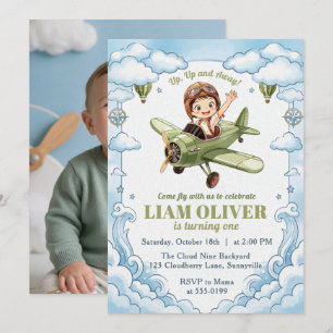 Vintage Biplane Aeroplane Boy 1st Birthday Up Away Invitation