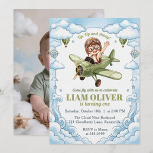 Vintage Biplane Aeroplane Boy 1st Birthday Up Away Invitation