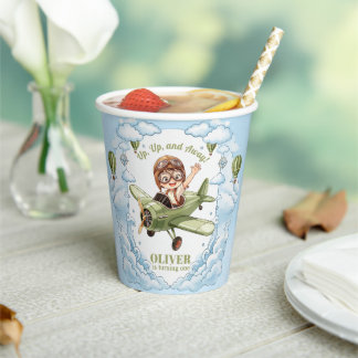 Vintage Biplane Aeroplane Boy 1st Birthday Up Away Paper Cups