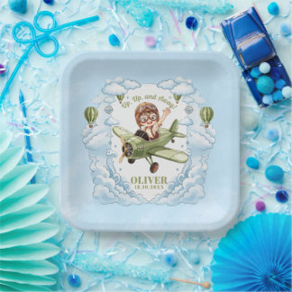 Vintage Biplane Aeroplane Boy 1st Birthday Up Away Paper Plate