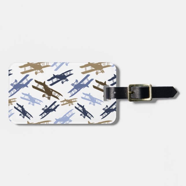 Vintage Biplane Aeroplane Pattern Blue Brown Luggage Tag (Front Horizontal)