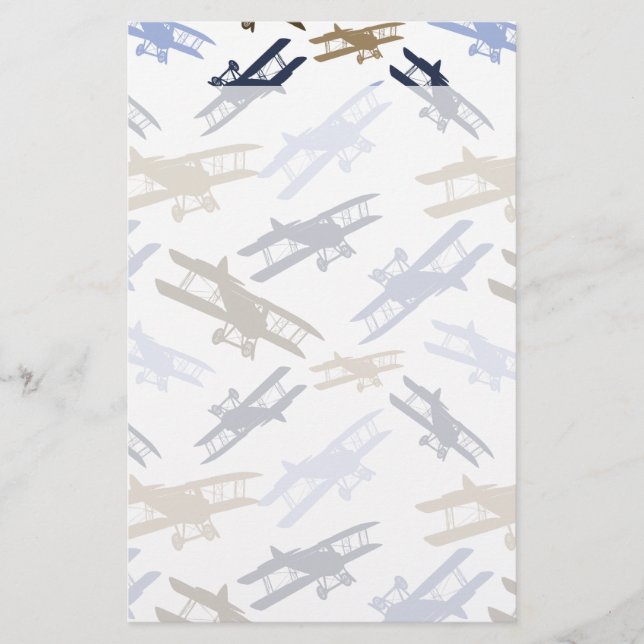 Vintage Biplane Aeroplane Pattern Blue Brown Stationery (Front)