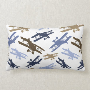 Vintage Biplane Airplane Pattern Blue Brown Lumbar Cushion