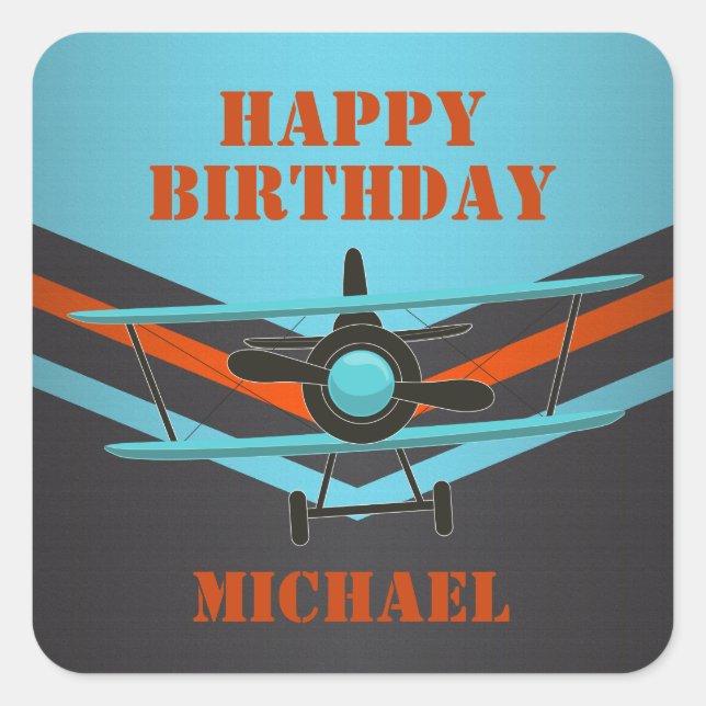 Vintage Biplane Aviation Aeroplane Birthday Party Square Sticker (Front)