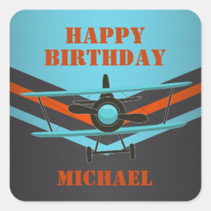  Vintage Biplane Aviation Aeroplane Birthday Party Square Sticker