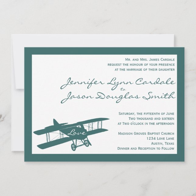 Vintage Biplane Aviator Blue Wedding Invitations (Front)
