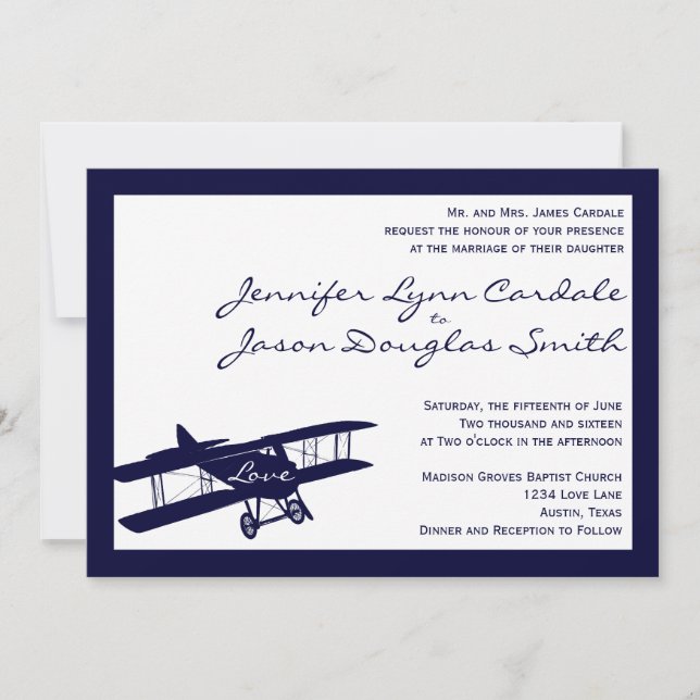 Vintage Biplane Aviator Blue Wedding Invitations (Front)