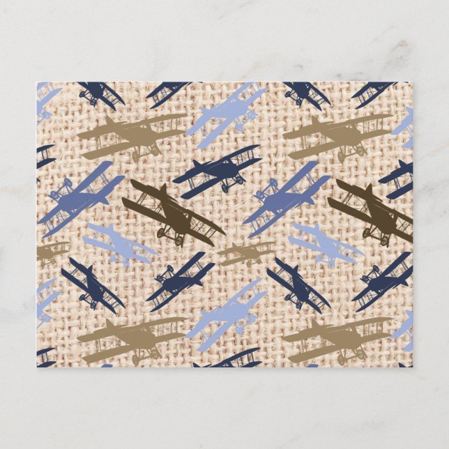 Vintage Biplane Burlap Print Aeroplane Pattern Postcard (Front)