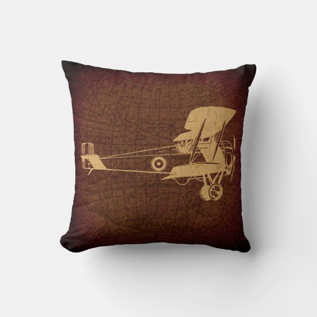 Vintage Biplane Plane Antique Airplane with Map Cushion (Front)