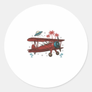 Vintage Biplane UFO Tropical Travel Shirt Design_1 Classic Round Sticker
