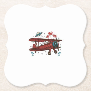 Vintage Biplane UFO Tropical Travel Shirt Design_1 Paper Coaster