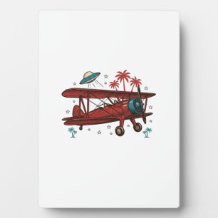 Vintage Biplane UFO Tropical Travel Shirt Design_1 Plaque