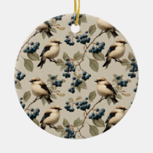 Vintage Bird and Blueberry Seamless Pattern Ceramic Tree Decoration