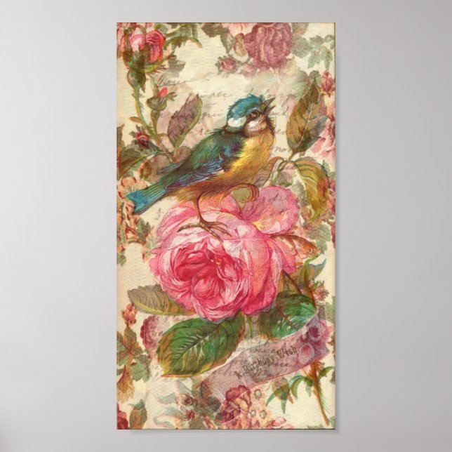 Vintage Bird and Pink Roses Poster (Front)