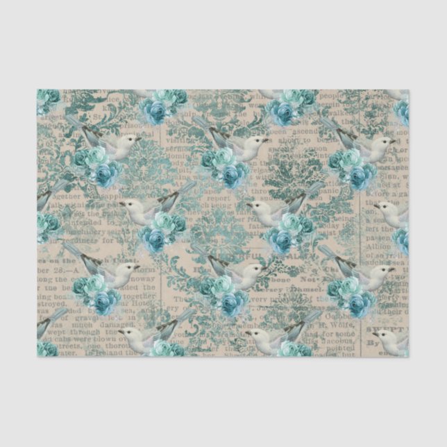 Vintage Bird Art & Flowers Tissue Paper (Front)