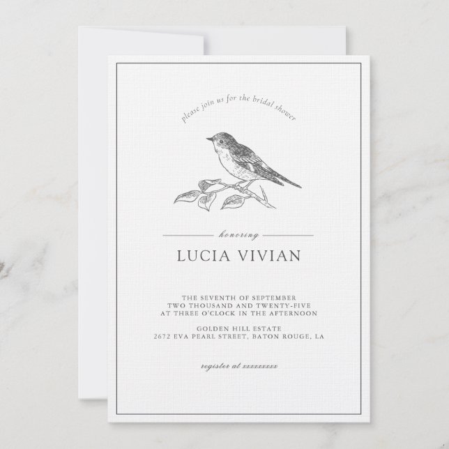 Vintage Bird Black And White Bridal Shower Invitation (Front)