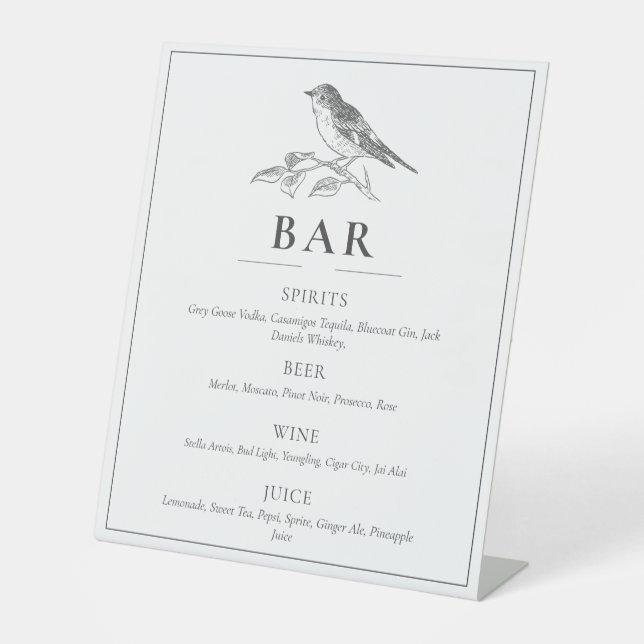 Vintage Bird Black And White Wedding Bar Sign (Front)