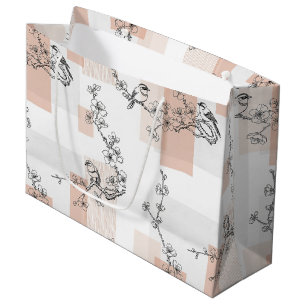 Vintage Bird Blossom Toile Stripe (10) Large Gift Bag