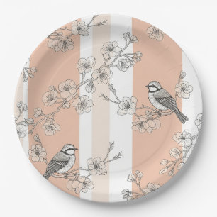 Vintage Bird Blossom Toile Stripe (10) Paper Plate