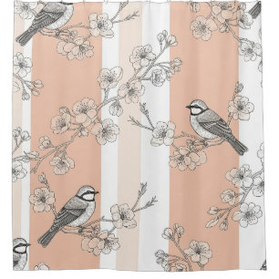 Vintage Bird Blossom Toile Stripe (10) Shower Curtain