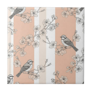 Vintage Bird Blossom Toile Stripe (10) Tile