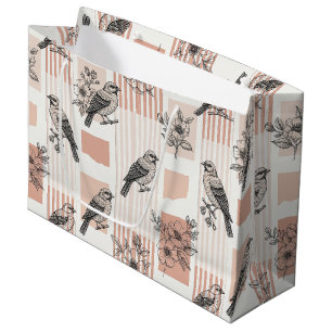 Vintage Bird Blossom Toile Stripe (11) Large Gift Bag