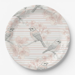 Vintage Bird Blossom Toile Stripe (11) Paper Plate