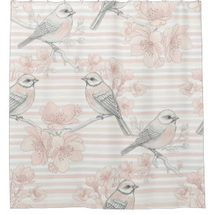 Vintage Bird Blossom Toile Stripe (11) Shower Curtain