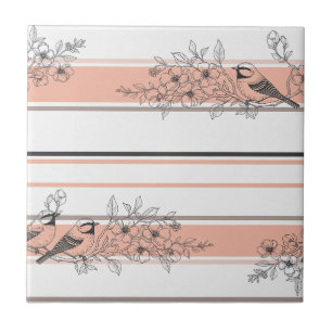 Vintage Bird Blossom Toile Stripe (11) Tile