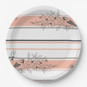 Vintage Bird Blossom Toile Stripe (12) Paper Plate