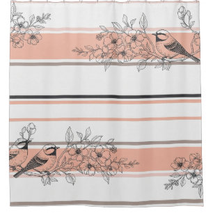 Vintage Bird Blossom Toile Stripe (12) Shower Curtain